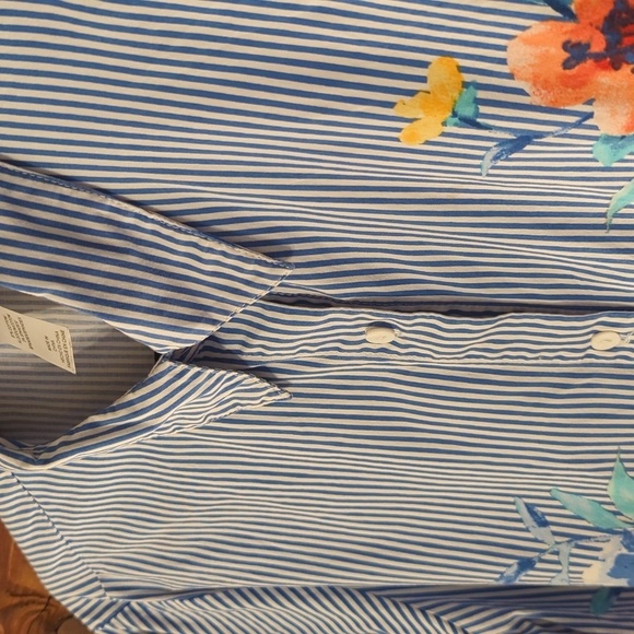 Alfred Dunner | Blue White Striped Floral 3/4 Sleeve Button Down Cotton Size 16 - Picture 5 of 6
